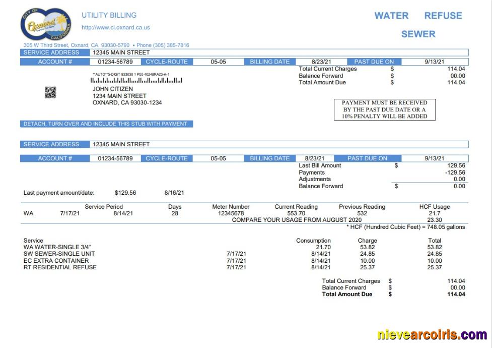 USA California City of Oxnard utility bill